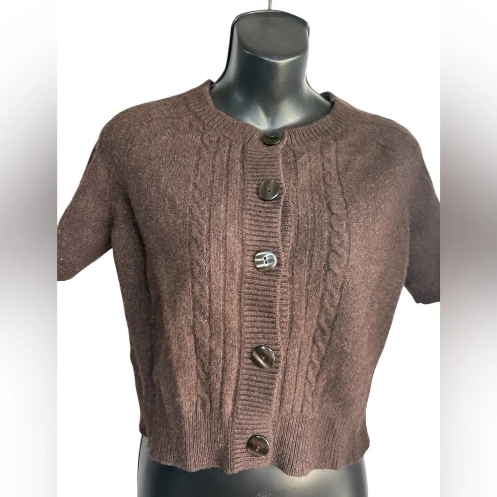Ann Taylor LOFT mocha brown cable knit short sleeve button up sweater shirt L - Picture 7 of 11